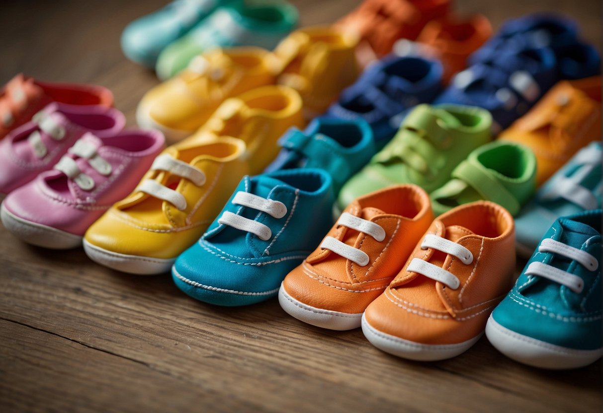 A collection of colorful baby shoes of varying sizes, arranged in a row from smallest to largest, with a measuring tape nearby