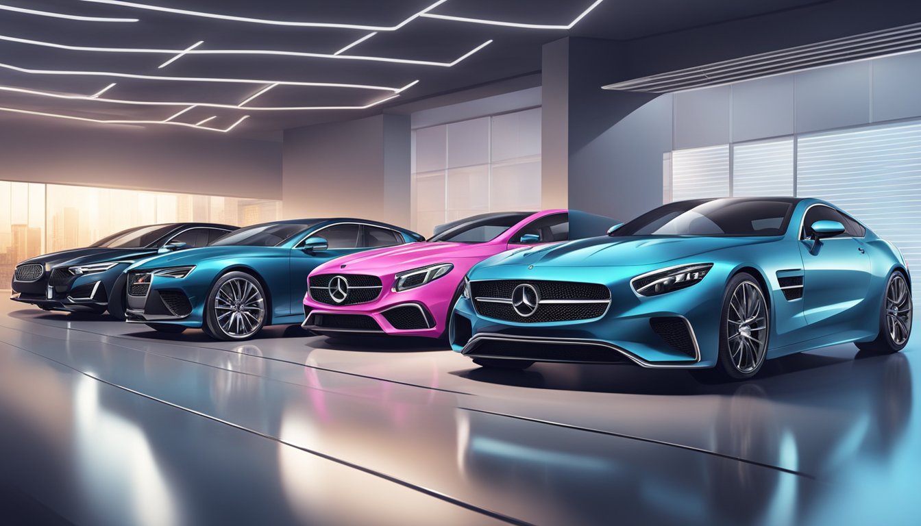 A lineup of sleek luxury and performance cars, each adorned with prominent brand names, glistens under the bright showroom lights