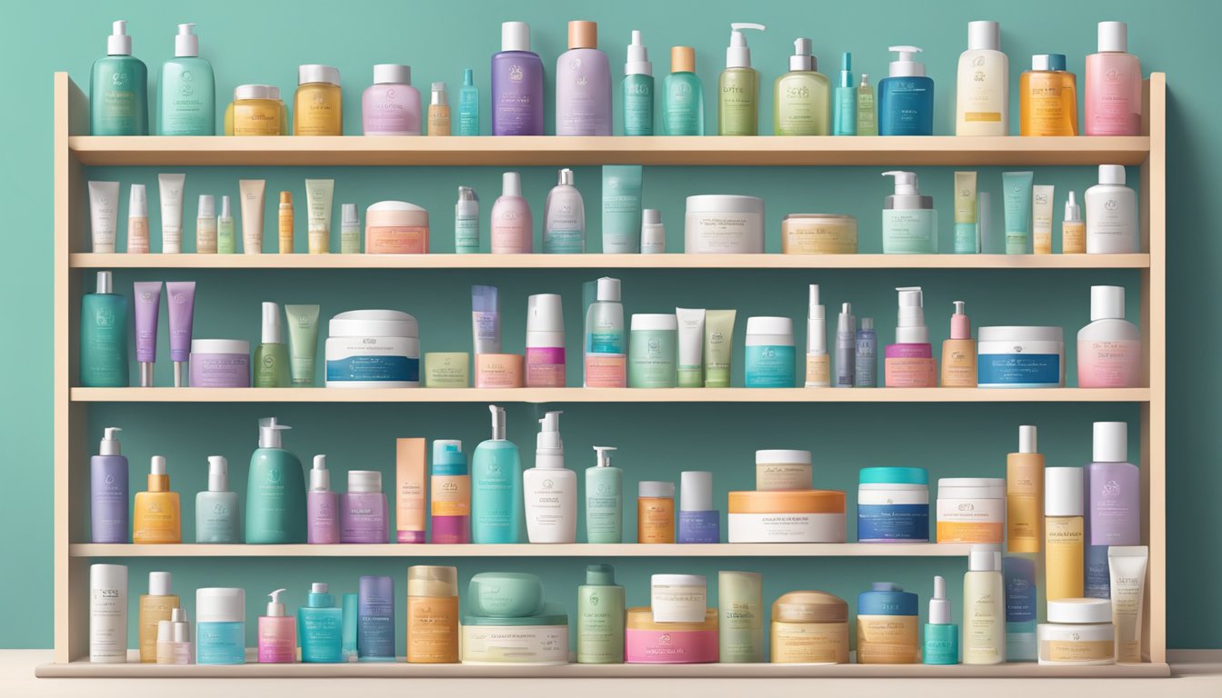 A variety of skin care products arranged neatly on a shelf, with colorful packaging and labels promoting different brands and their benefits