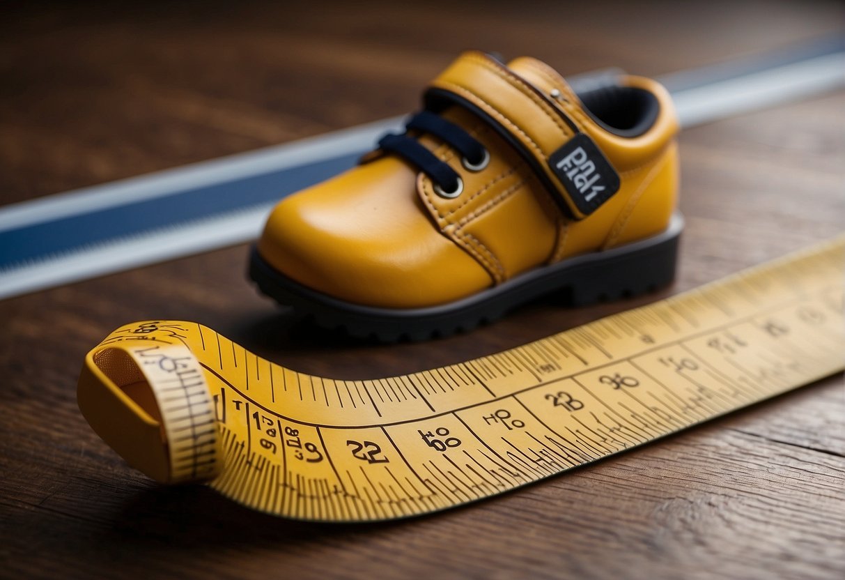 A ruler measuring a tiny shoe next to a chart of average shoe sizes for 1-year-olds