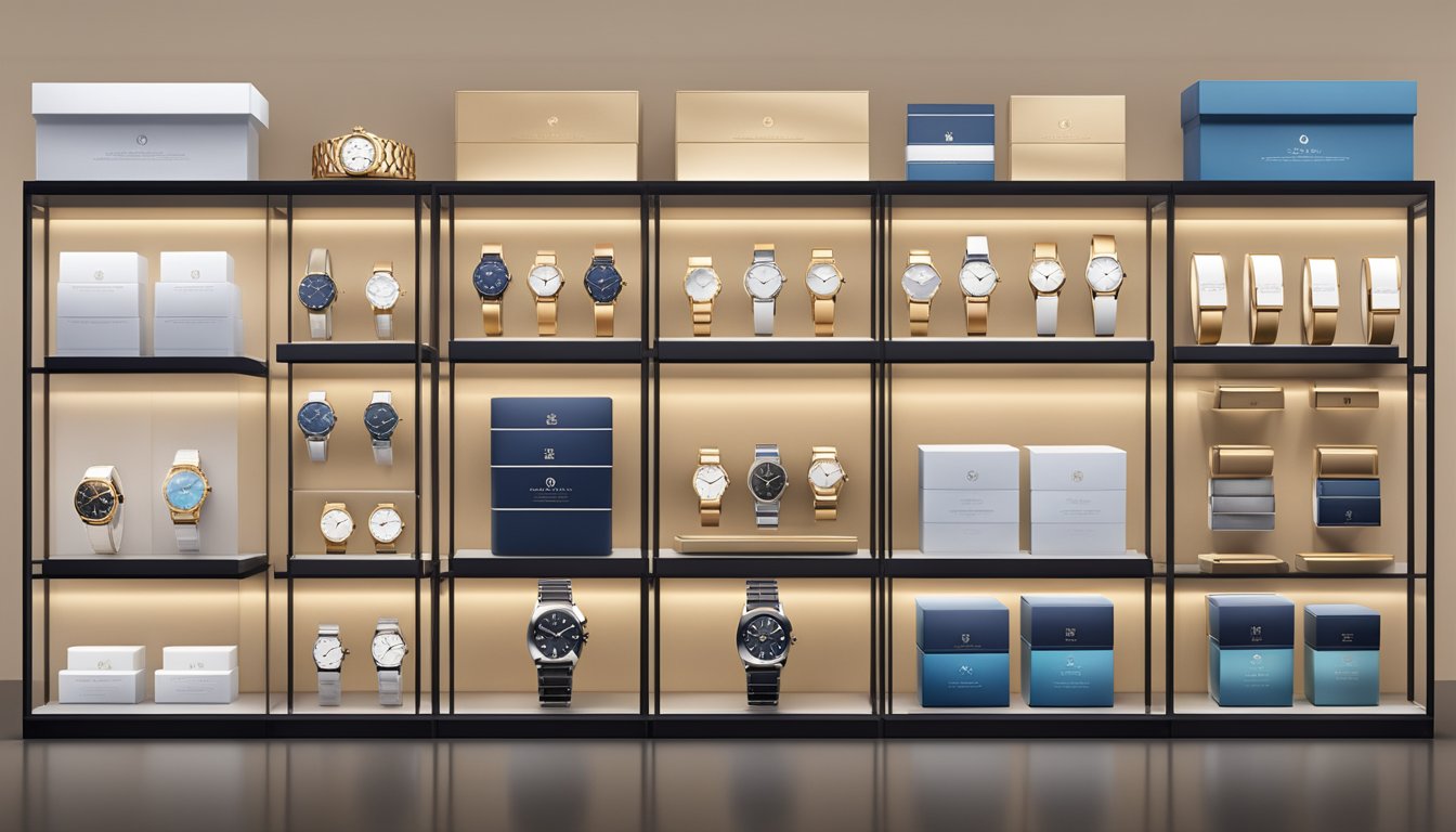 Luxury, mid-range, and budget watch brands displayed on shelves with elegant lighting and sleek packaging