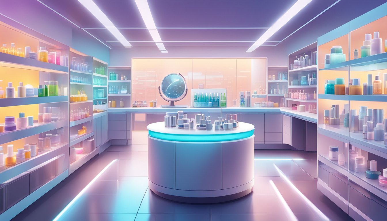 A laboratory filled with modern equipment and scientific tools, with shelves lined with sleek, futuristic skincare products. Bright lights illuminate the space, showcasing the advancements and innovations of the skin care brands