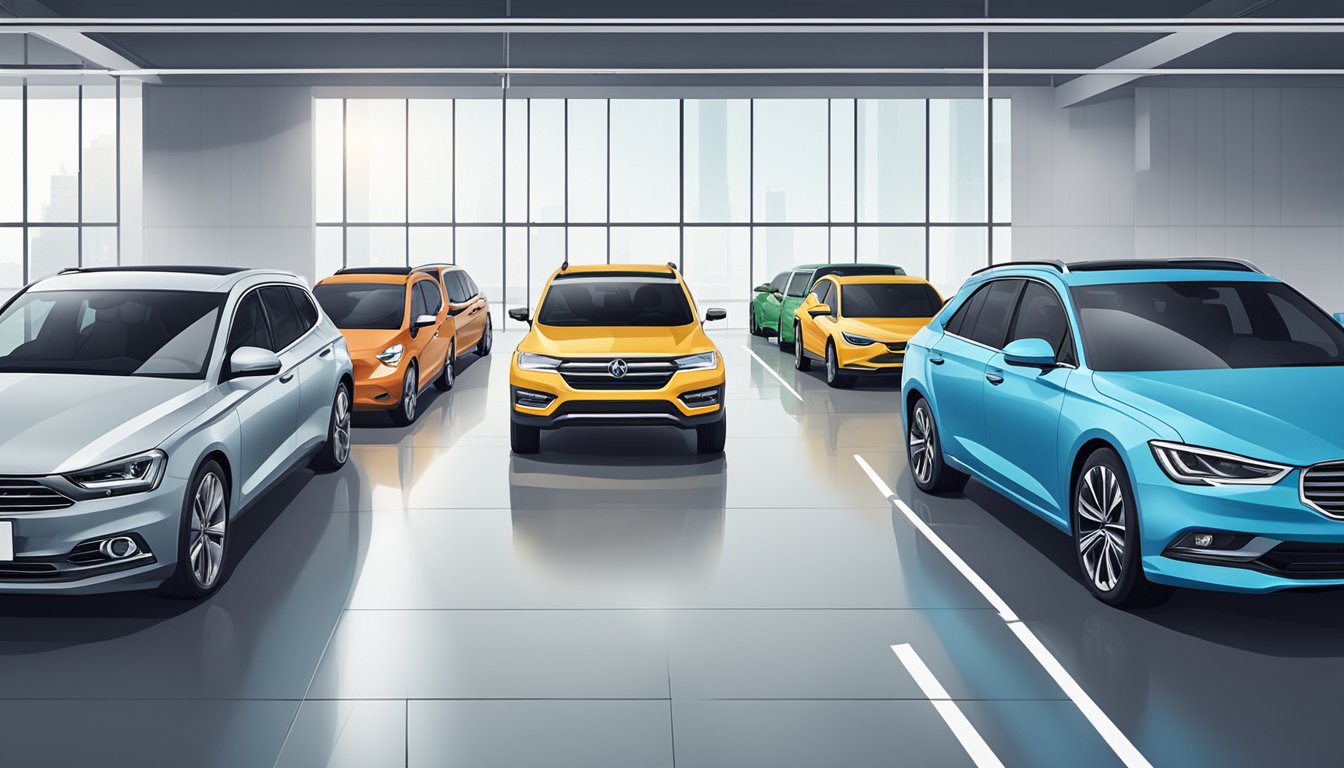 A row of consumer vehicles from various reliable car brands lines up in a spacious and well-lit showroom