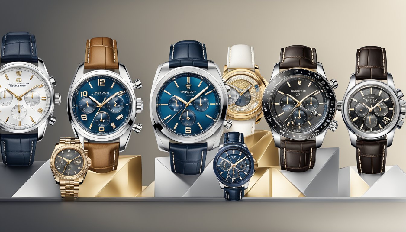 A tiered display of luxury, mid-range, and budget watch brands, with elegant designs and varying price points