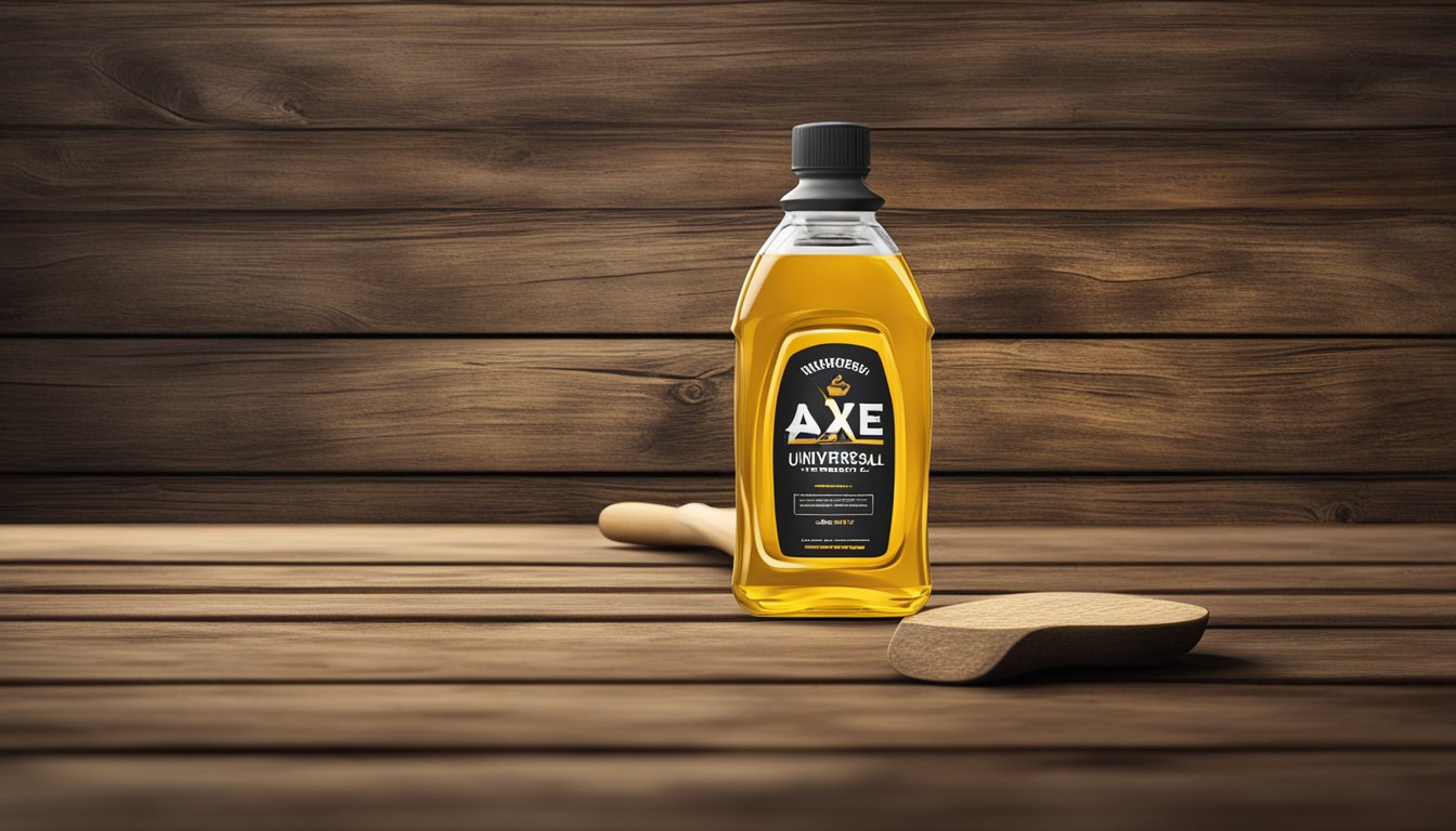 Axe Brand Universal Oil bottle on a wooden table with a rustic background