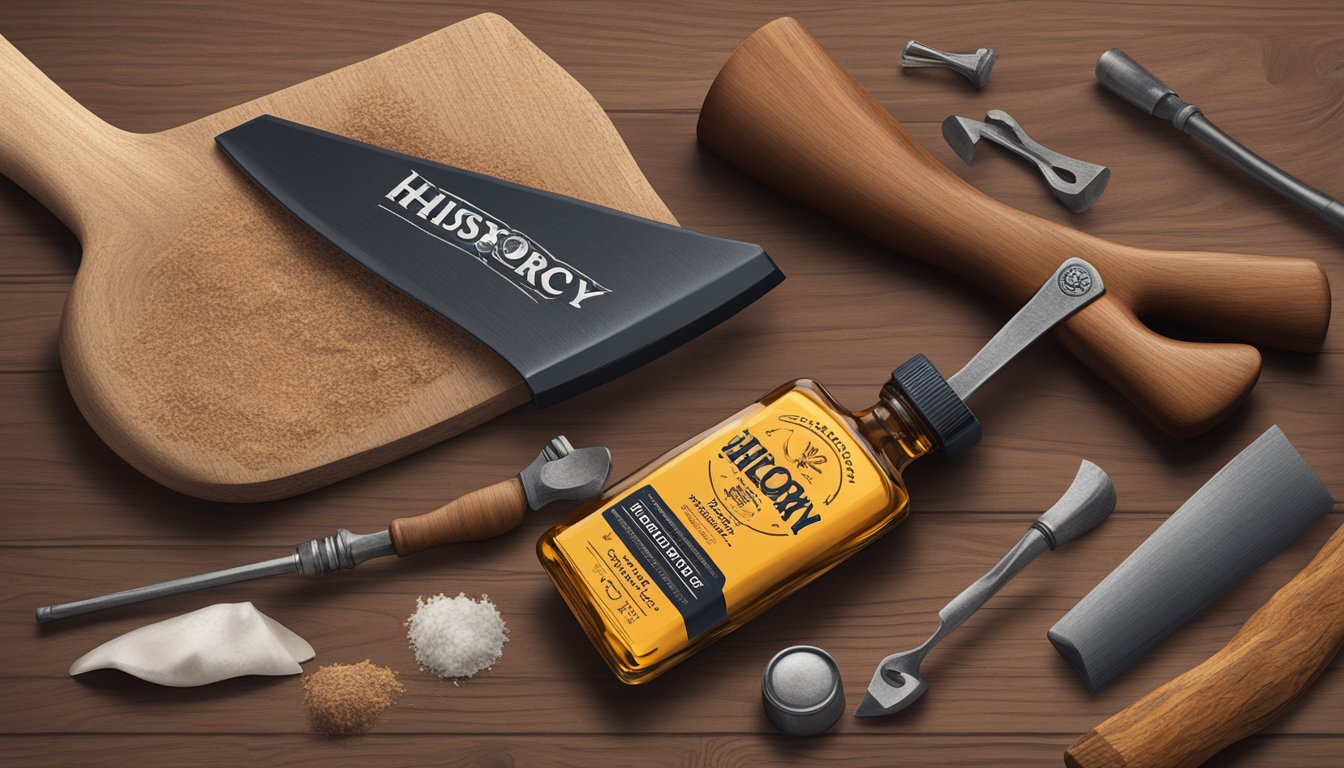 A vintage axe with "History and Legacy" branding lies next to a bottle of universal oil, surrounded by tools and wood shavings