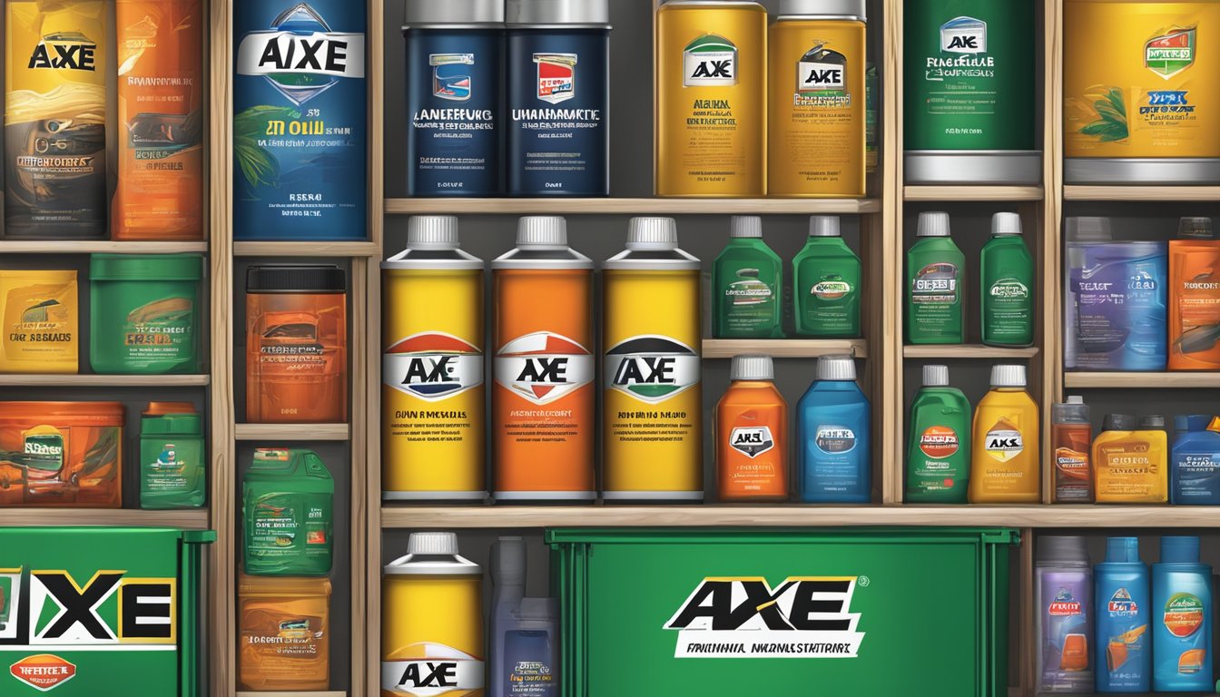 Axe brand universal oil displayed with various products it can be used on, such as machinery, tools, and household items