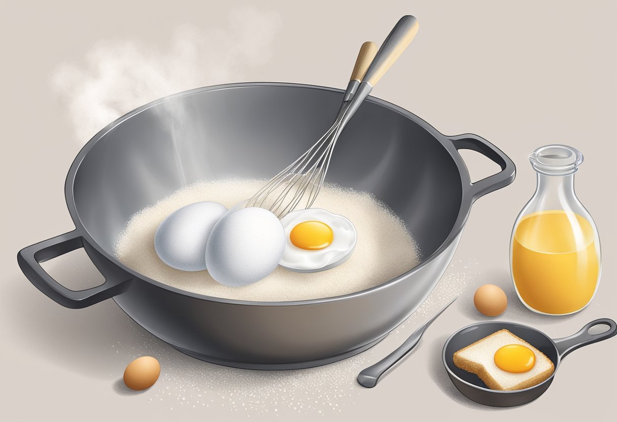 A mixing bowl with flour, eggs, sugar, and a whisk. Steam rising from a pot with a cake mold inside