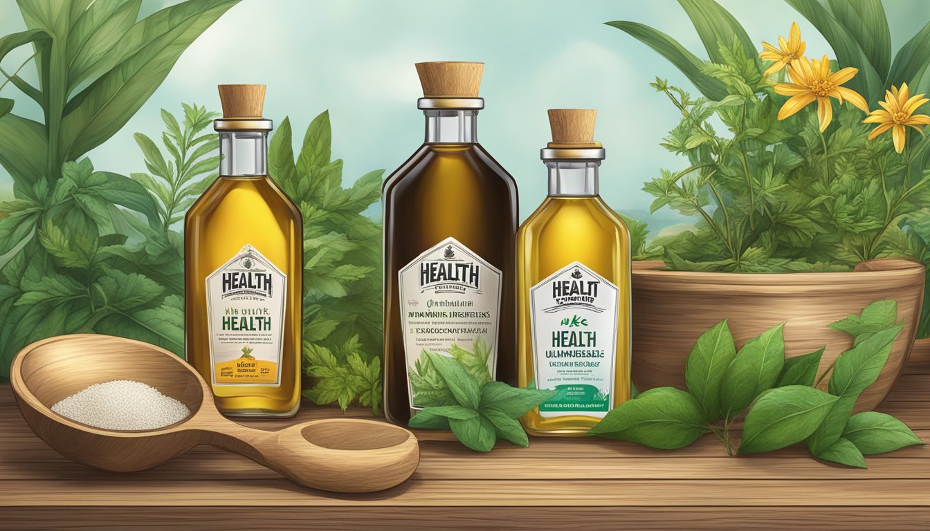 A bottle of Health Benefits axe brand universal oil sits on a wooden table, surrounded by various botanical ingredients and a mortar and pestle