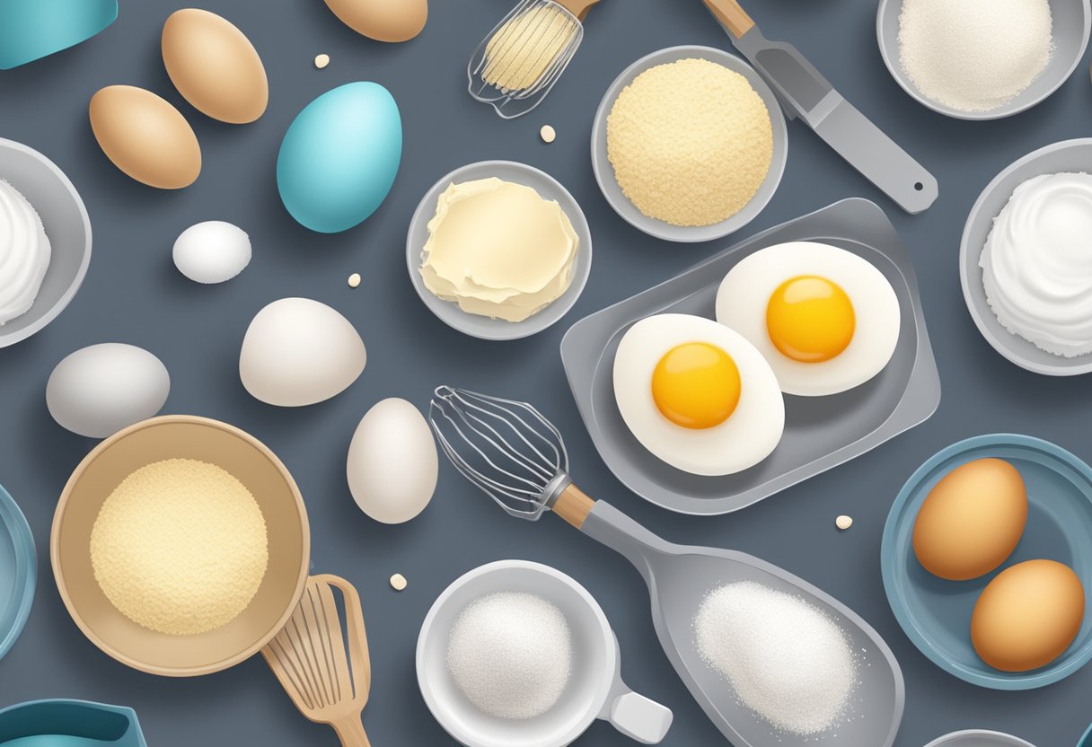 Eggs, flour, sugar, and baking powder on a countertop for making steamed sponge cake