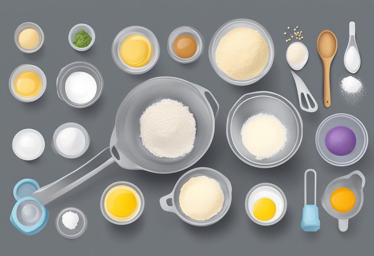 A table with mixing bowls, measuring cups, and a whisk. Ingredients like flour, eggs, sugar, and baking powder are laid out