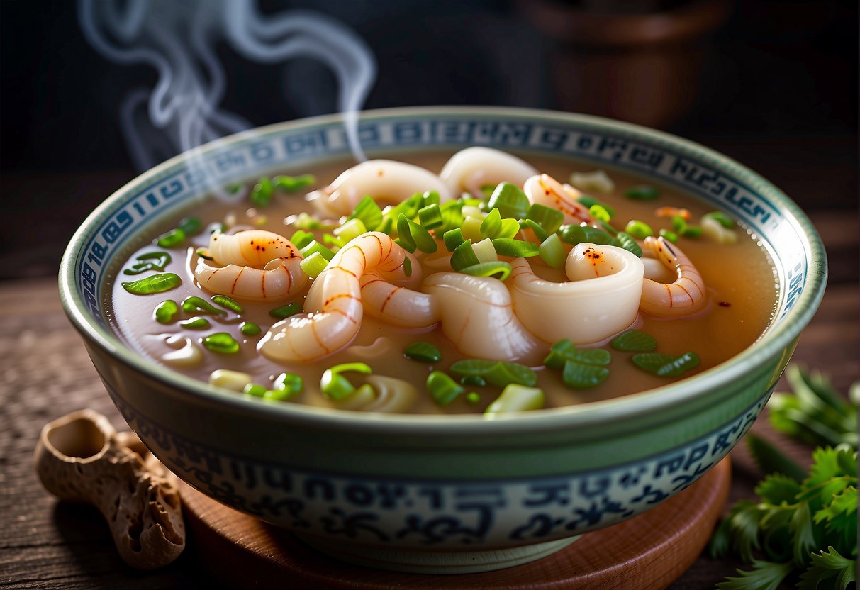 A steaming pot of Chinese squid soup bubbling with tender squid, aromatic herbs, and rich broth. Garnished with green onions and served in a traditional ceramic bowl