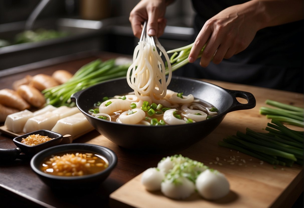 Squid being cleaned and sliced, ginger and scallions being prepared, broth simmering in a pot, and soy sauce and sesame oil being added