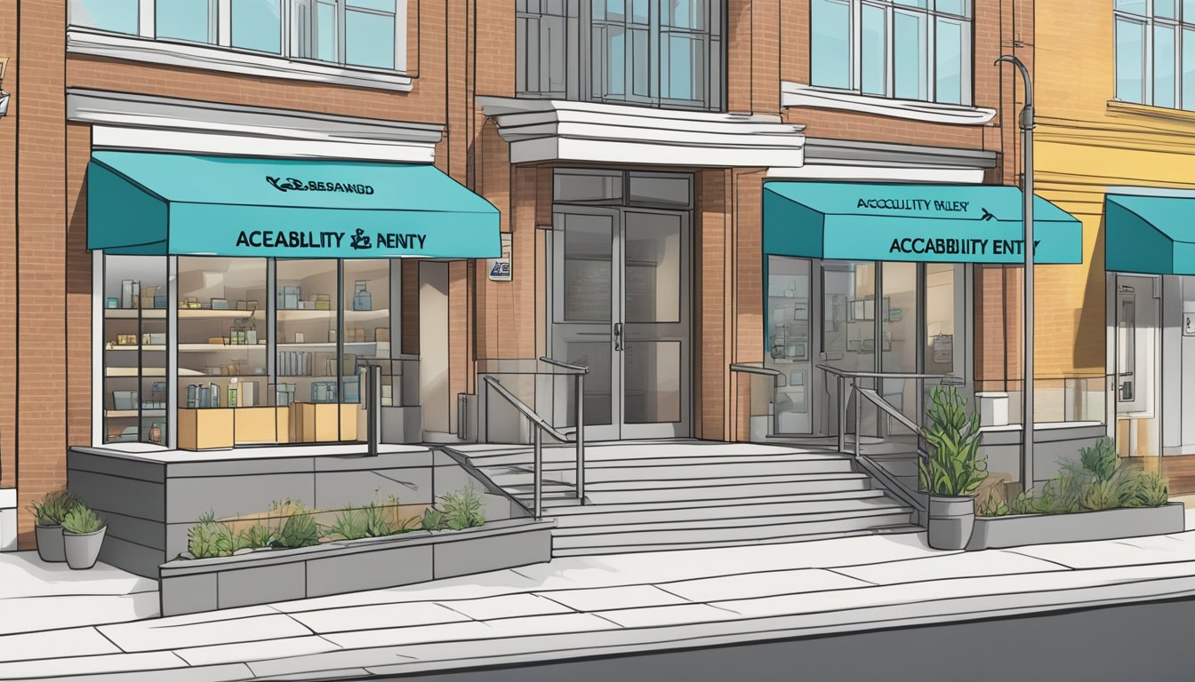 A staircase with a clear ramp leading to a store front, with a sign displaying "Accessibility and Entry-Level Brands" above the entrance