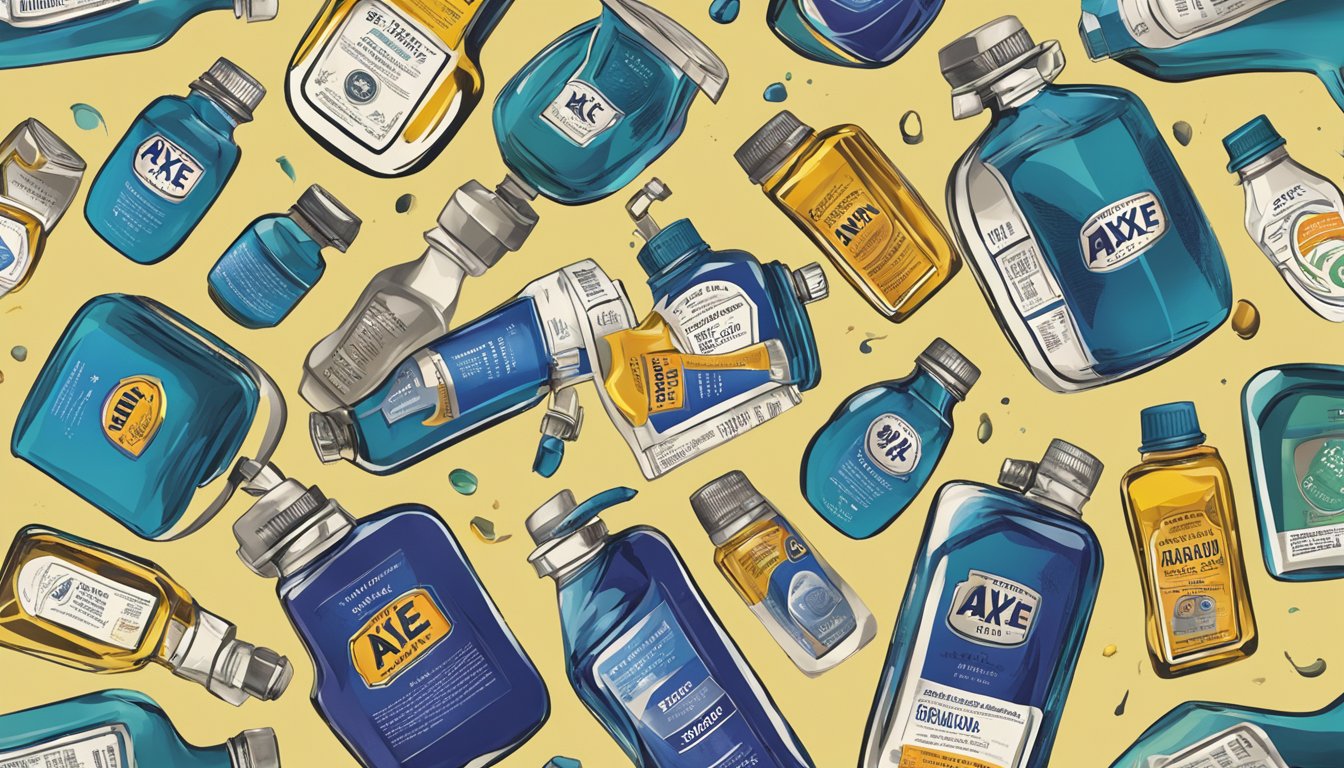 A bottle of Axe brand universal oil surrounded by various frequently asked questions in bold letters