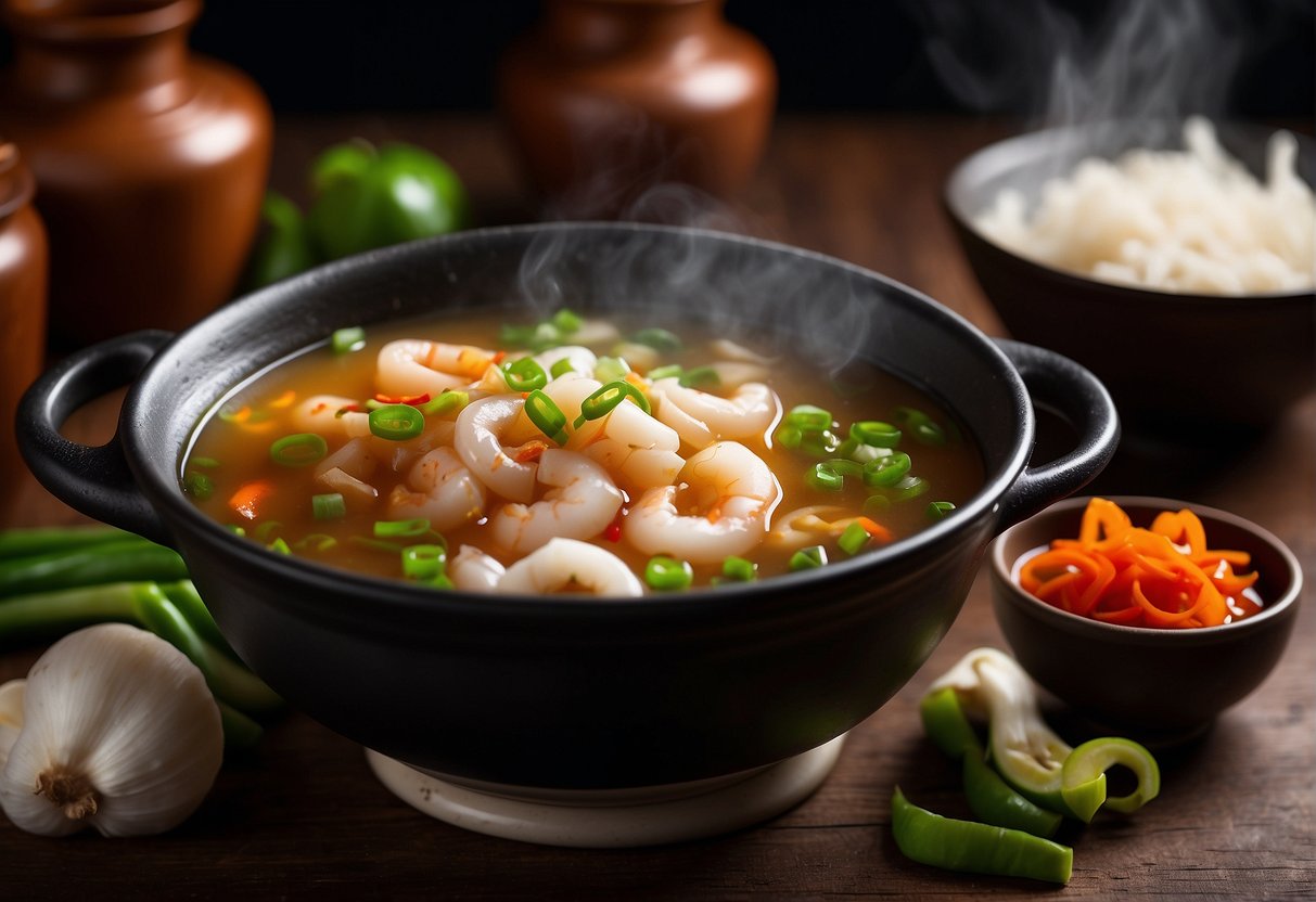 A steaming pot of Chinese squid soup surrounded by fresh ginger, garlic, green onions, and chili peppers, with a bowl of soy sauce and a bottle of fish sauce nearby