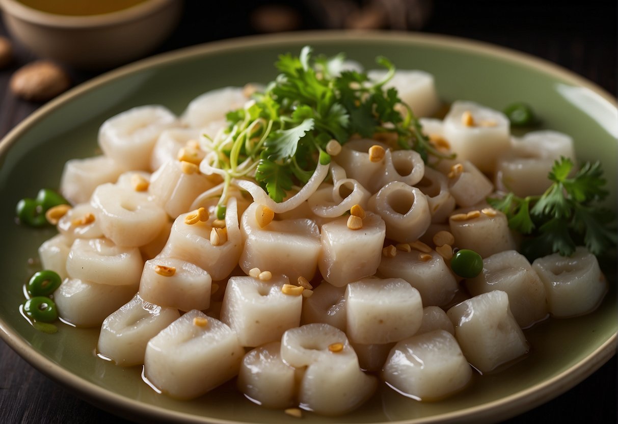 Slicing fresh squid, ginger, and scallions. Simmering in a fragrant broth with soy sauce and rice wine. Garnishing with cilantro and serving hot