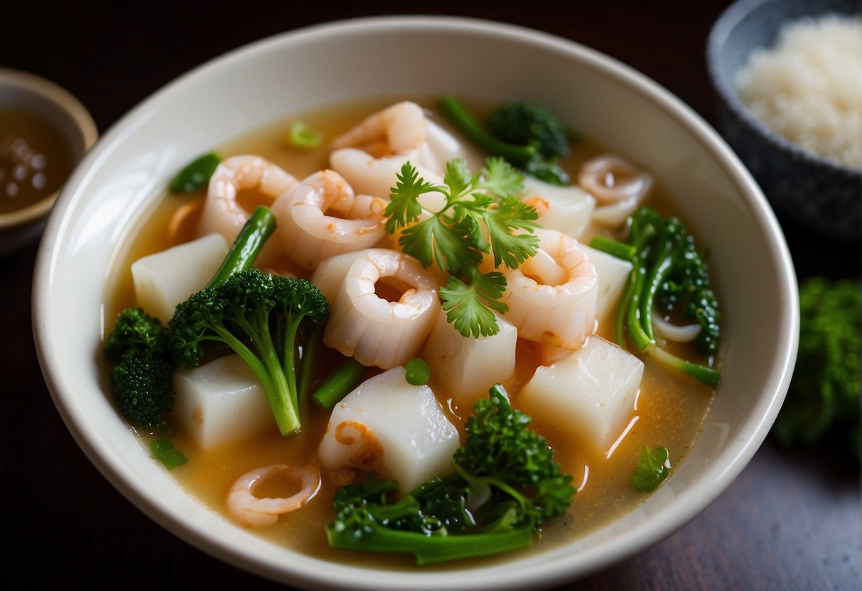 A steaming bowl of Chinese squid soup with a clear broth, tender pieces of squid, and vibrant green vegetables, accompanied by a side of nutritional information listing the serving size and key nutritional values