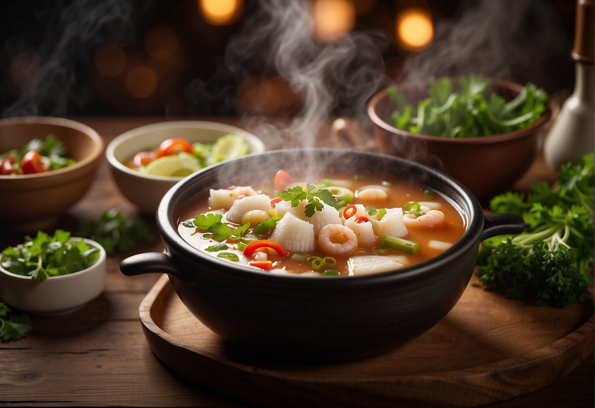 A steaming pot of Chinese squid soup surrounded by fresh ingredients and condiments on a wooden table