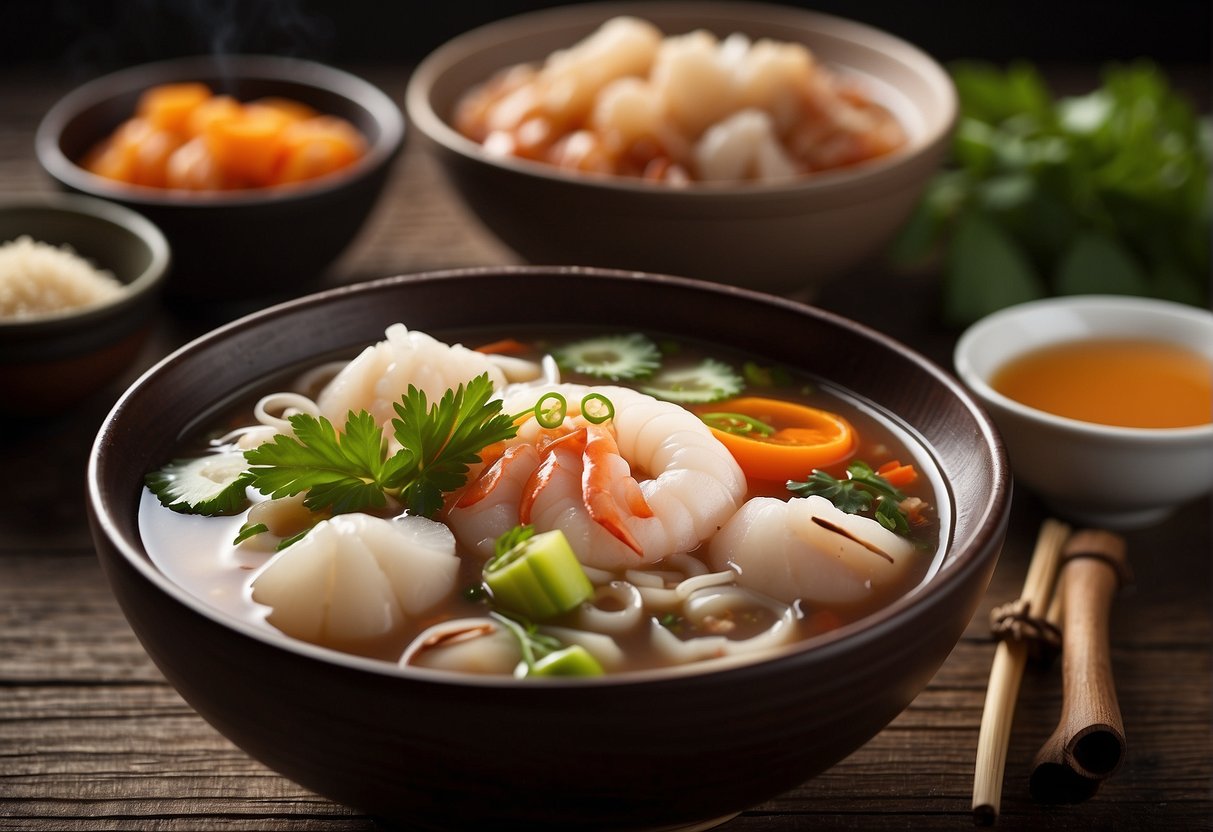 A steaming bowl of Chinese squid soup surrounded by various ingredients and a pair of chopsticks on a wooden table