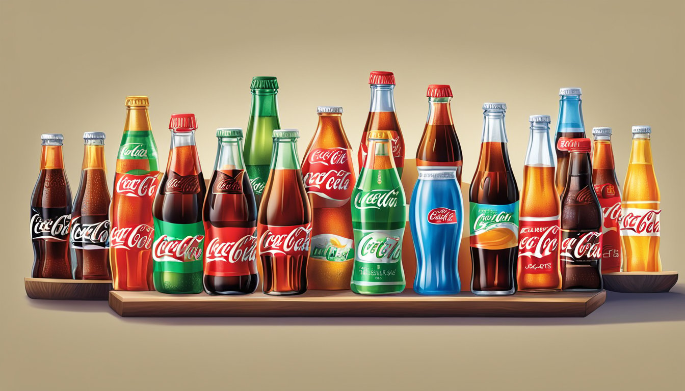 A table with various Coca Cola brands arranged in a colorful display