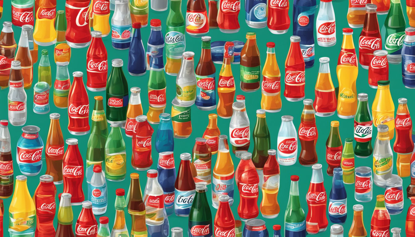 A table with various iconic Coca Cola soft drink brands displayed in colorful bottles and cans