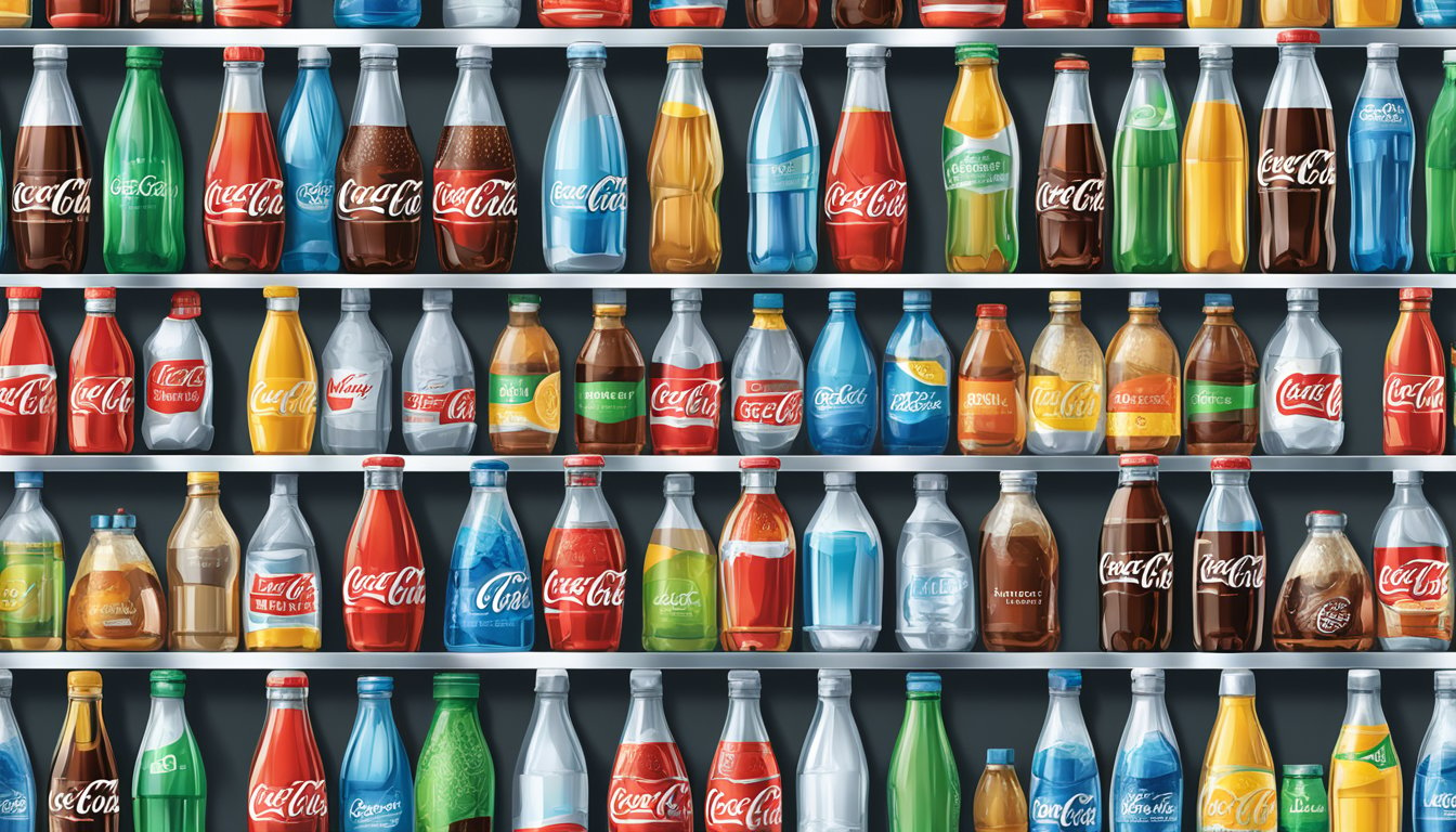 A variety of Coca-Cola water and still drink bottles arranged on a sleek, modern display shelf