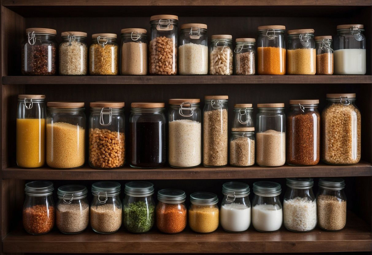A well-stocked pantry with rice, soy sauce, vinegar, ginger, garlic, and various dried spices. A selection of fresh vegetables and protein sources like tofu, chicken, and pork