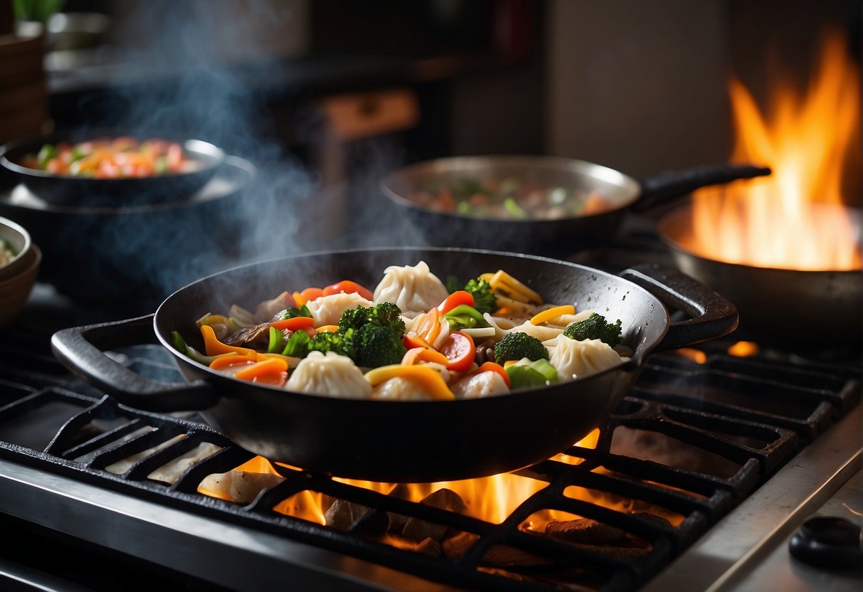 A steaming wok sizzles with stir-fried vegetables and savory meats, while a pot of fragrant rice simmers on a stove. A table is set with colorful dishes of dumplings, noodles, and steamed buns