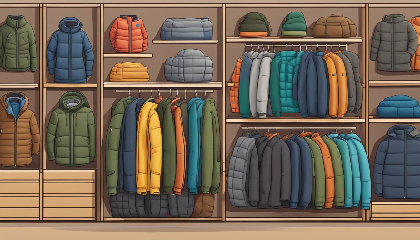 A display of various winter jacket brands arranged on shelves in a cozy, well-lit outdoor gear store