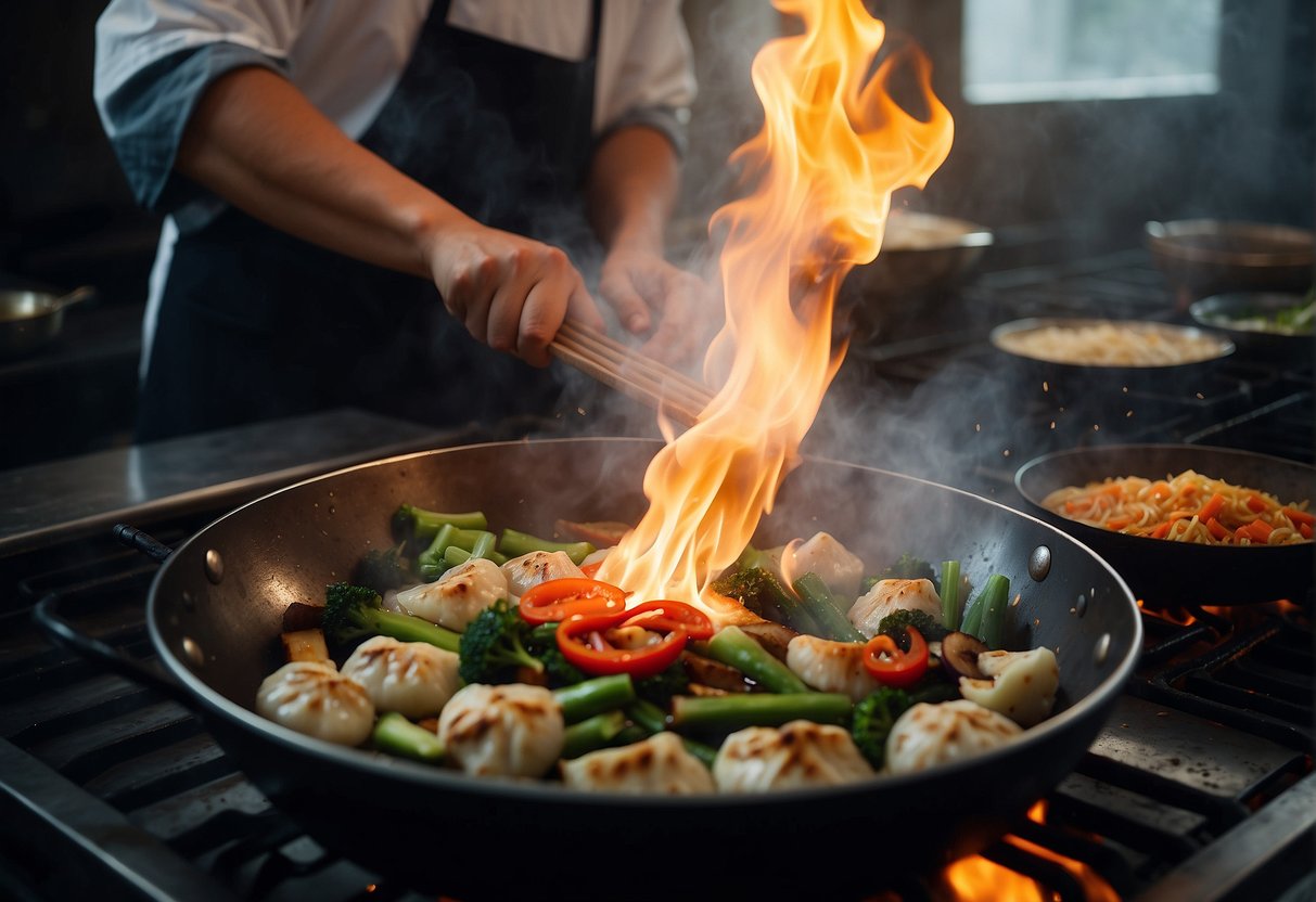 A wok sizzles over a hot flame as ingredients are stir-fried. A cleaver chops fresh vegetables with precision. Steam rises from a bamboo steamer filled with dumplings