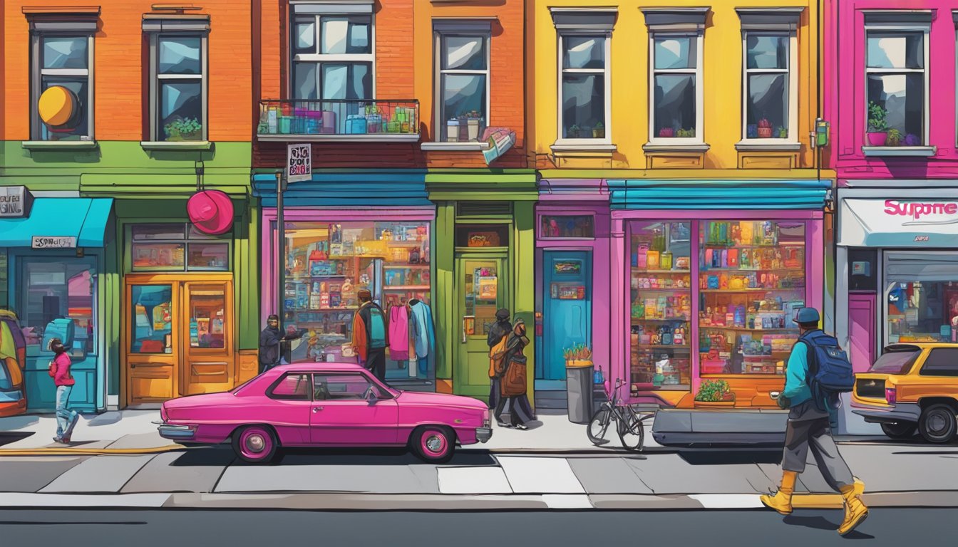 A vibrant street scene with iconic Supreme products displayed in a stylish urban setting, featuring bold colors, graffiti, and a sense of urban cool