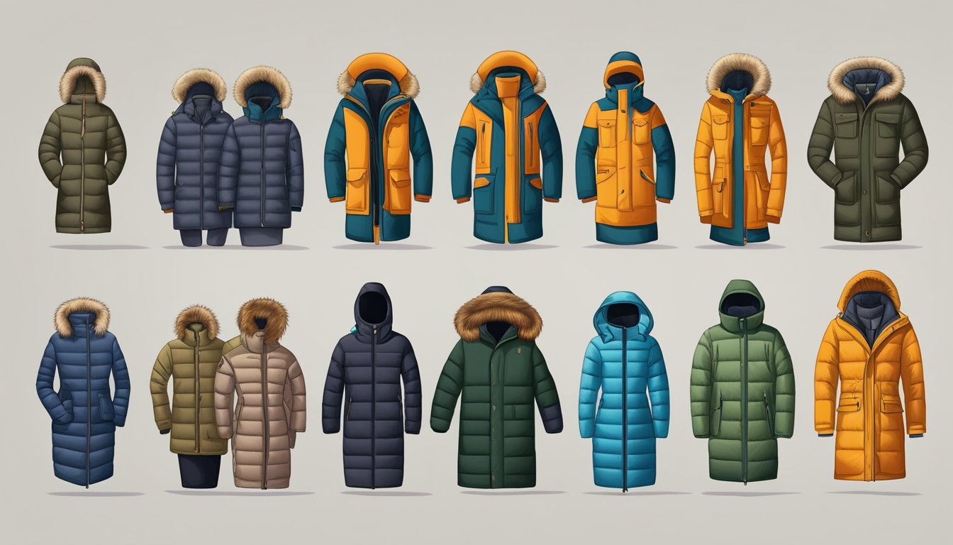 A lineup of winter jackets from different eras, showcasing the evolution of styles and brands, from traditional parkas to modern technical outerwear