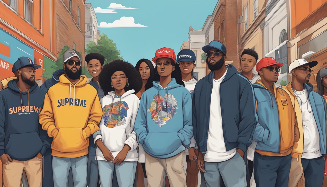 A diverse group of people wearing Supreme clothing collaborate on a mural, showcasing the brand's cultural impact
