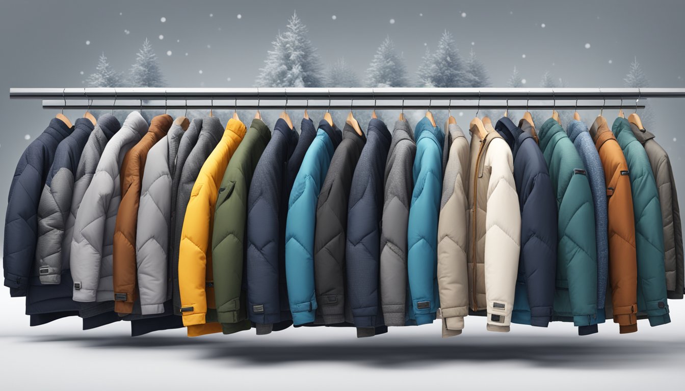 A snowy landscape with a variety of high-quality winter jackets displayed on mannequins or hangers, showcasing different brands and styles