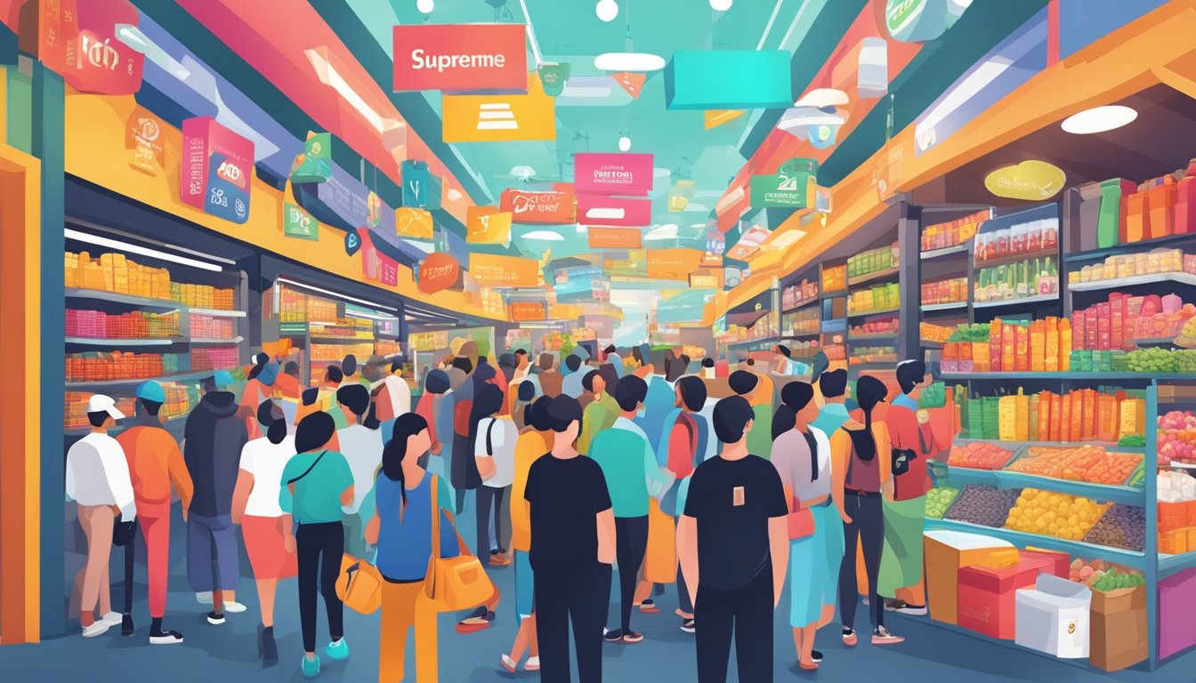 Crowded market with diverse products, supreme brand stands out. Bright colors and bold signage indicate future growth and success