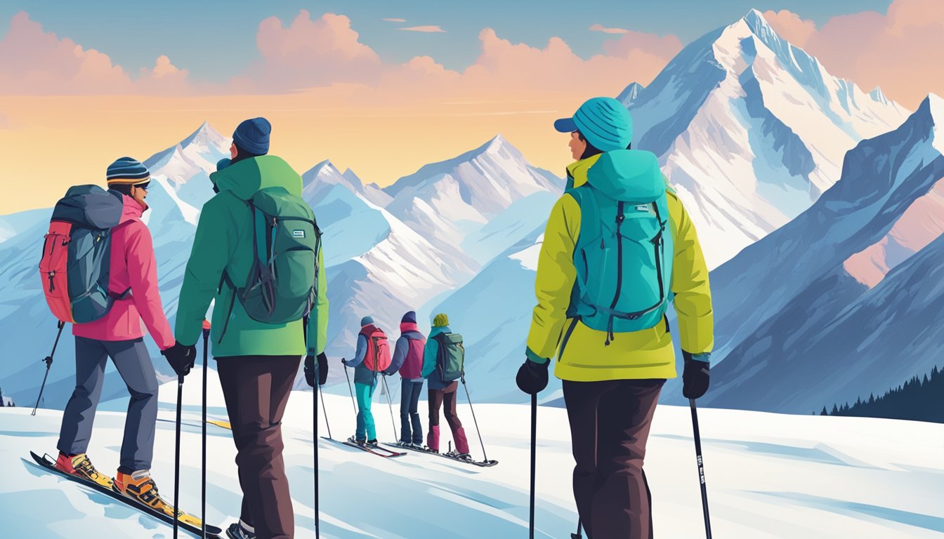 People skiing, hiking, and walking in different winter jackets. Brands like North Face, Patagonia, and Columbia featured. Snow-covered mountains in the background