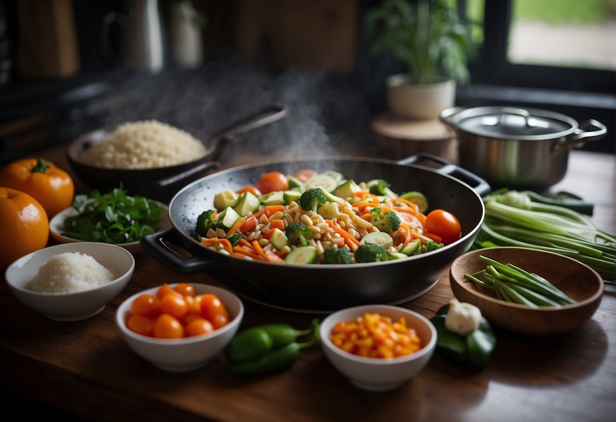 A kitchen counter with assorted fresh ingredients, a wok, and cooking utensils, showcasing the process of adapting Chinese dishes for home cooking