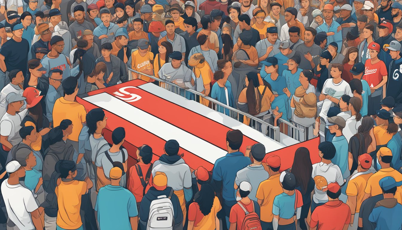 The Supreme brand logo prominently displayed on various merchandise with a crowd of people eagerly browsing and asking questions