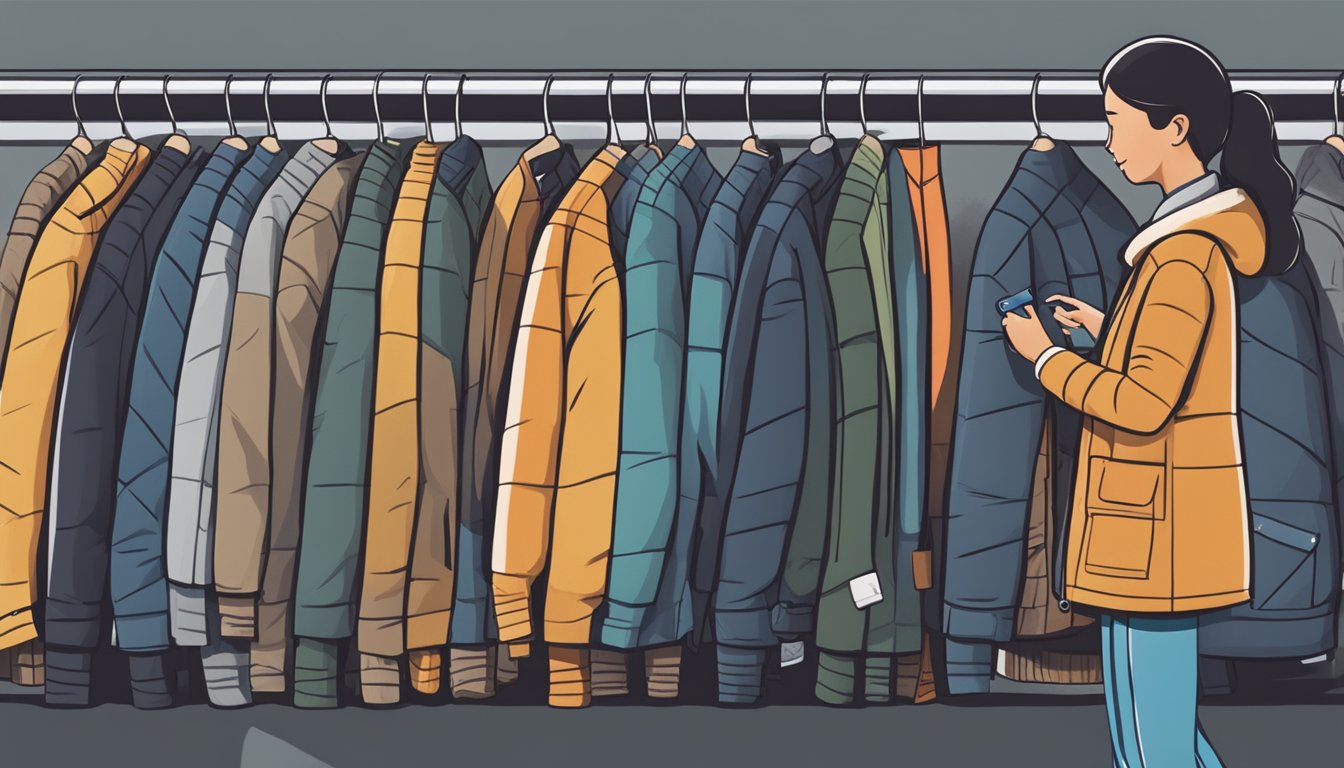 A person standing in front of a rack of winter jackets, carefully examining the different brands and styles available