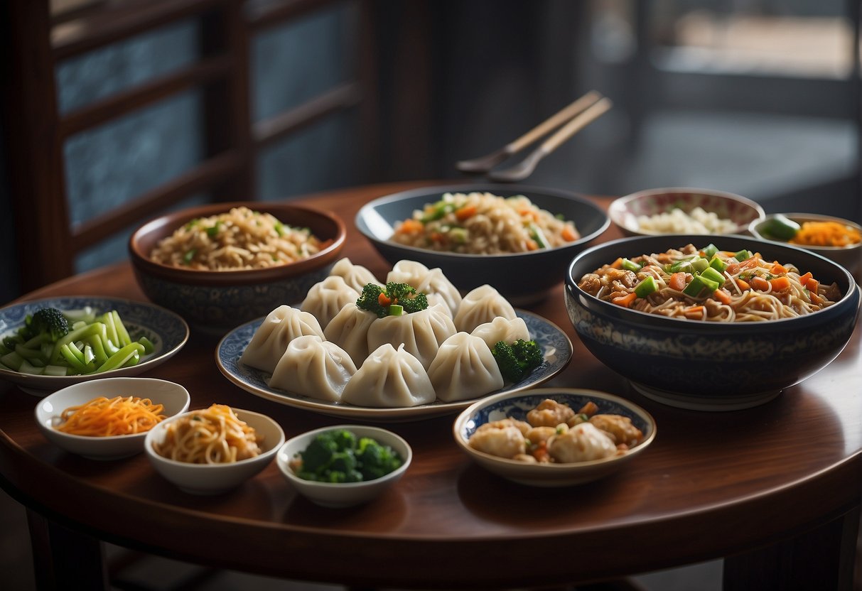A table set with various Chinese dishes, including steamed dumplings, stir-fried noodles, and vegetable fried rice, with chopsticks and tea cups nearby