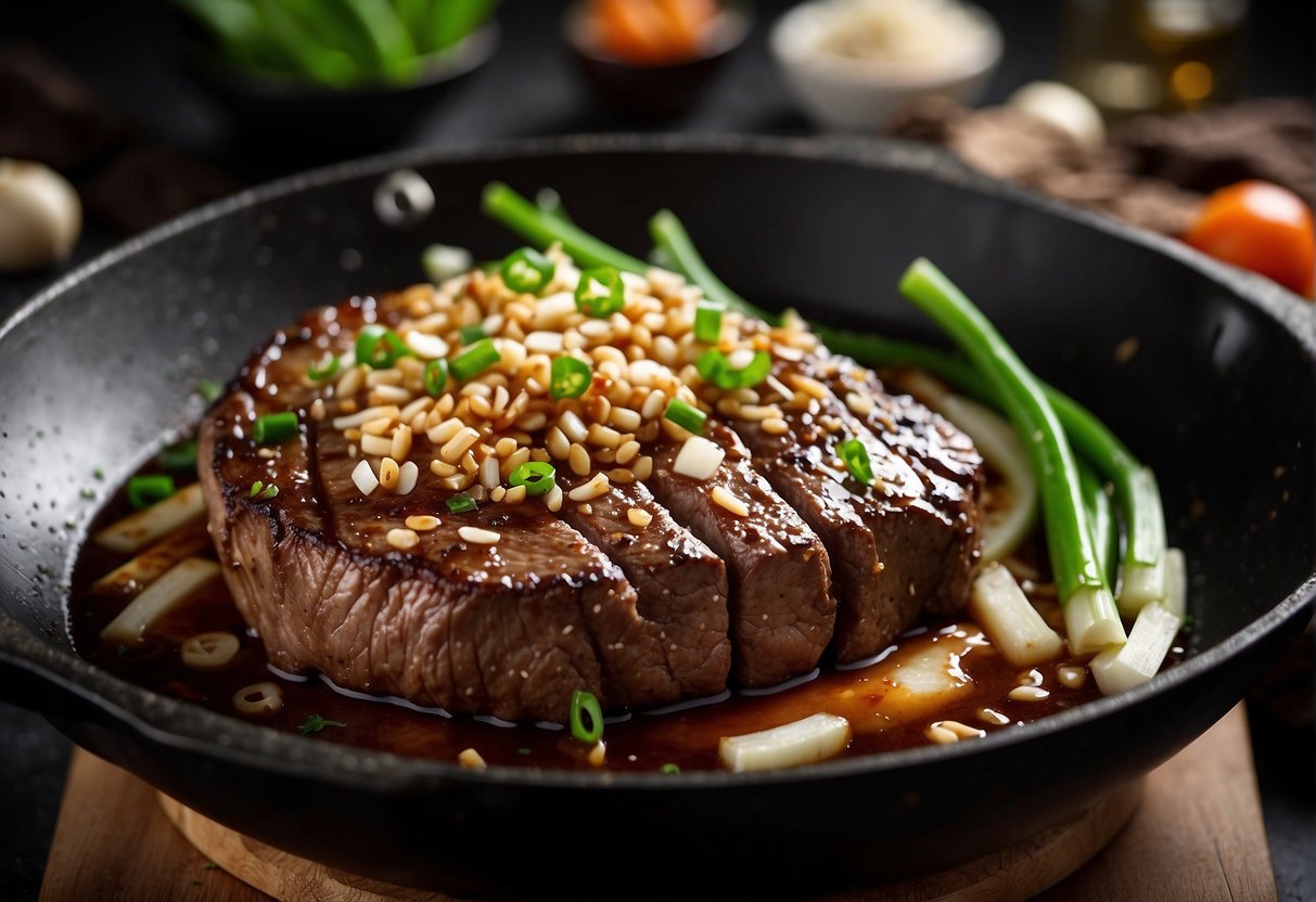 A sizzling steak cooks in a wok with ginger, garlic, and soy sauce. Green onions and sesame seeds garnish the dish