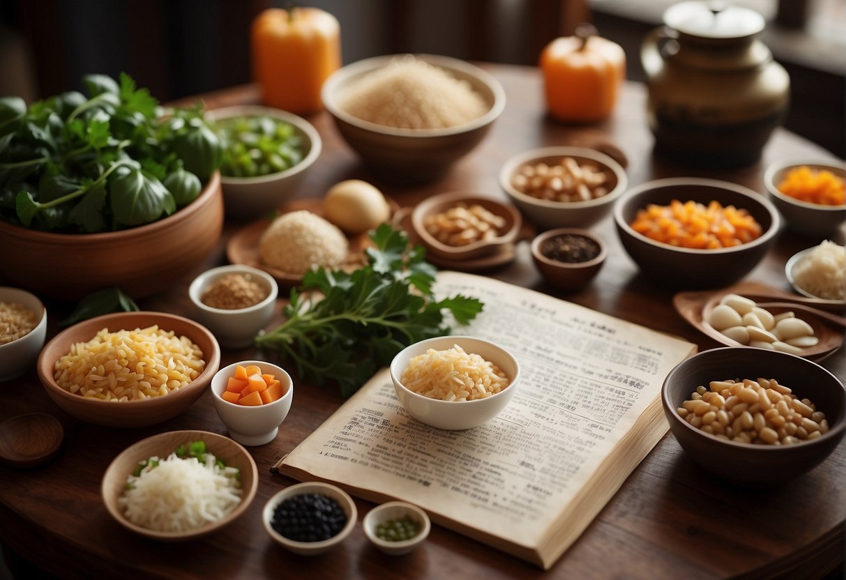A table filled with various Chinese staple food ingredients and cooking utensils, with a cookbook open to the "Frequently Asked Questions" section