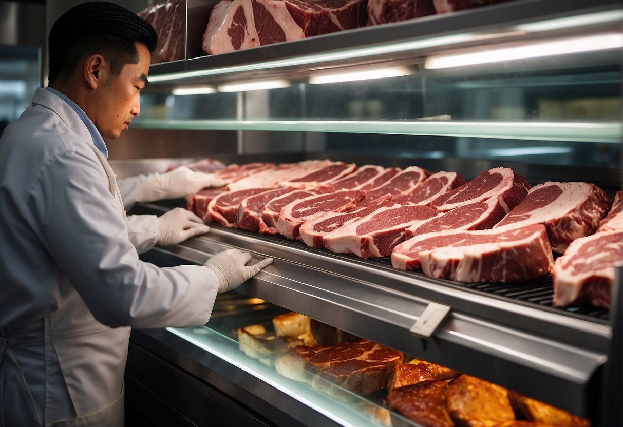 A butcher carefully selects a marbled ribeye steak from a display case, showcasing the different cuts of beef available for Chinese steak recipes