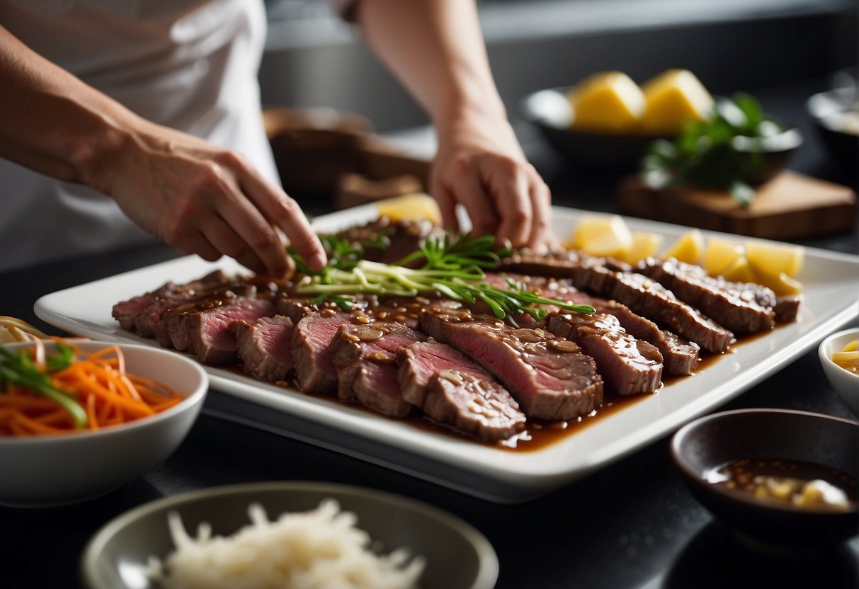 Beef slices soaking in a marinade of soy sauce, ginger, and garlic. A chef prepares the meat, slicing and tenderizing before cooking