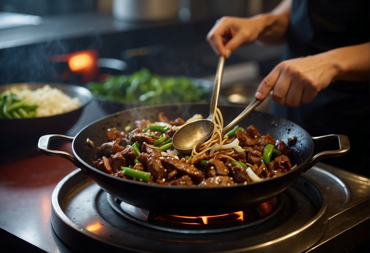 A Chinese chef stir-fries beef shin with ginger, garlic, and soy sauce in a sizzling wok. Green onions and chili peppers add color and heat to the aromatic dish