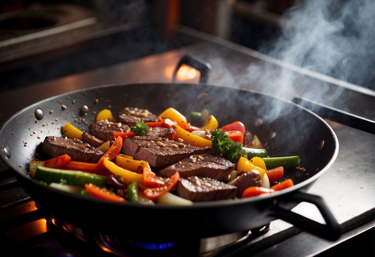 A sizzling wok with tender strips of steak, colorful vegetables, and aromatic spices. Steam rising, chef's tools nearby