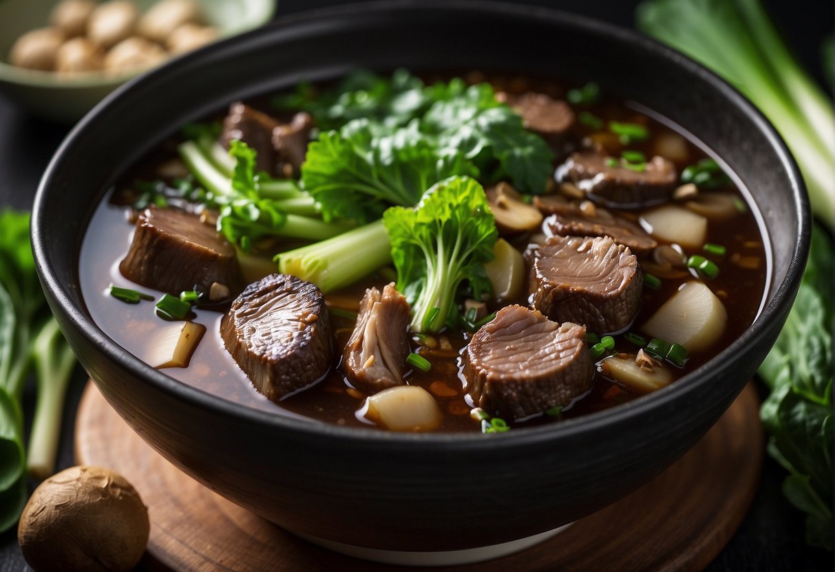 A beef shin simmering in a rich, aromatic Chinese broth with star anise, ginger, and soy sauce, surrounded by vibrant green bok choy and shiitake mushrooms
