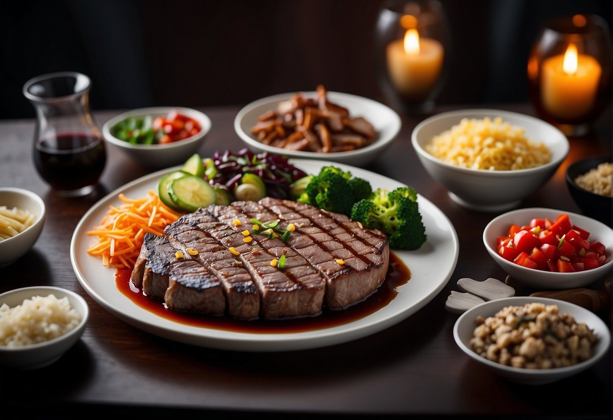 A table set with a sizzling hot plate of Chinese steak, surrounded by various condiments and side dishes, with a bottle of red wine nearby