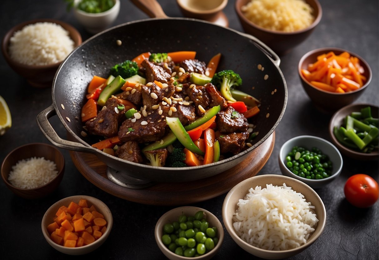 A sizzling wok with stir-fried beef, garlic, and ginger. A stack of colorful vegetables and sauces on the side
